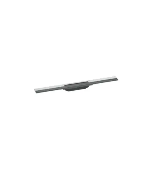 Duschrinne aus Edelstahl mit seitlicher Abdeckung, geeignet für die Installation in Duschbereichen. Produkt von Hansgrohe, anscheinend kürzbar.